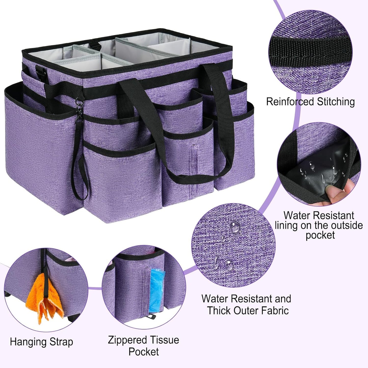 Large Rolling Cleaning Caddy Bag with Detachable Trolley,Cleaning Cart on Wheels with Shoulder Strap,Cleaning Supplies Organizer for Housekeepers,Purple