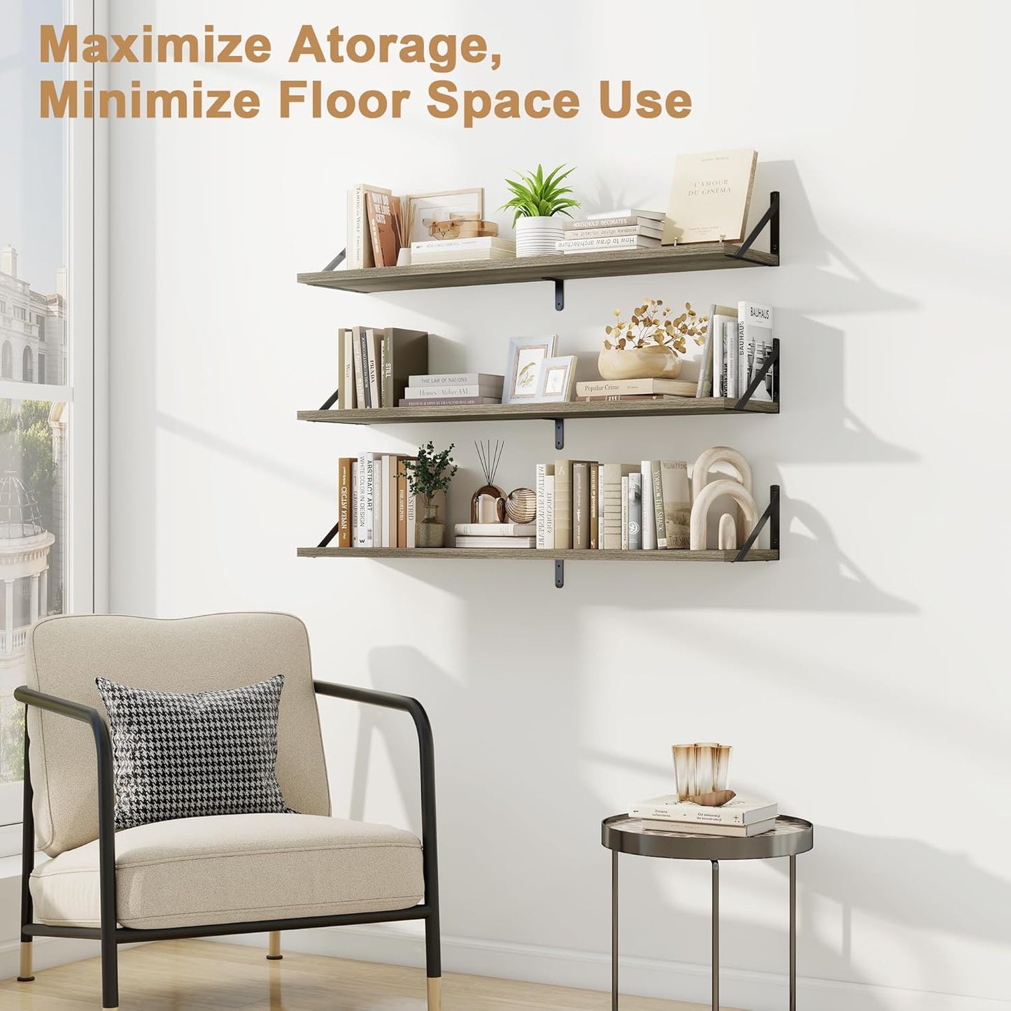 Fun Memories Long Wall Shelves for Bedroom, Set of 3 Large 40-Inch Floating Bookshelves, Rustic Wood Display Shelf for Home and Office (Grey)