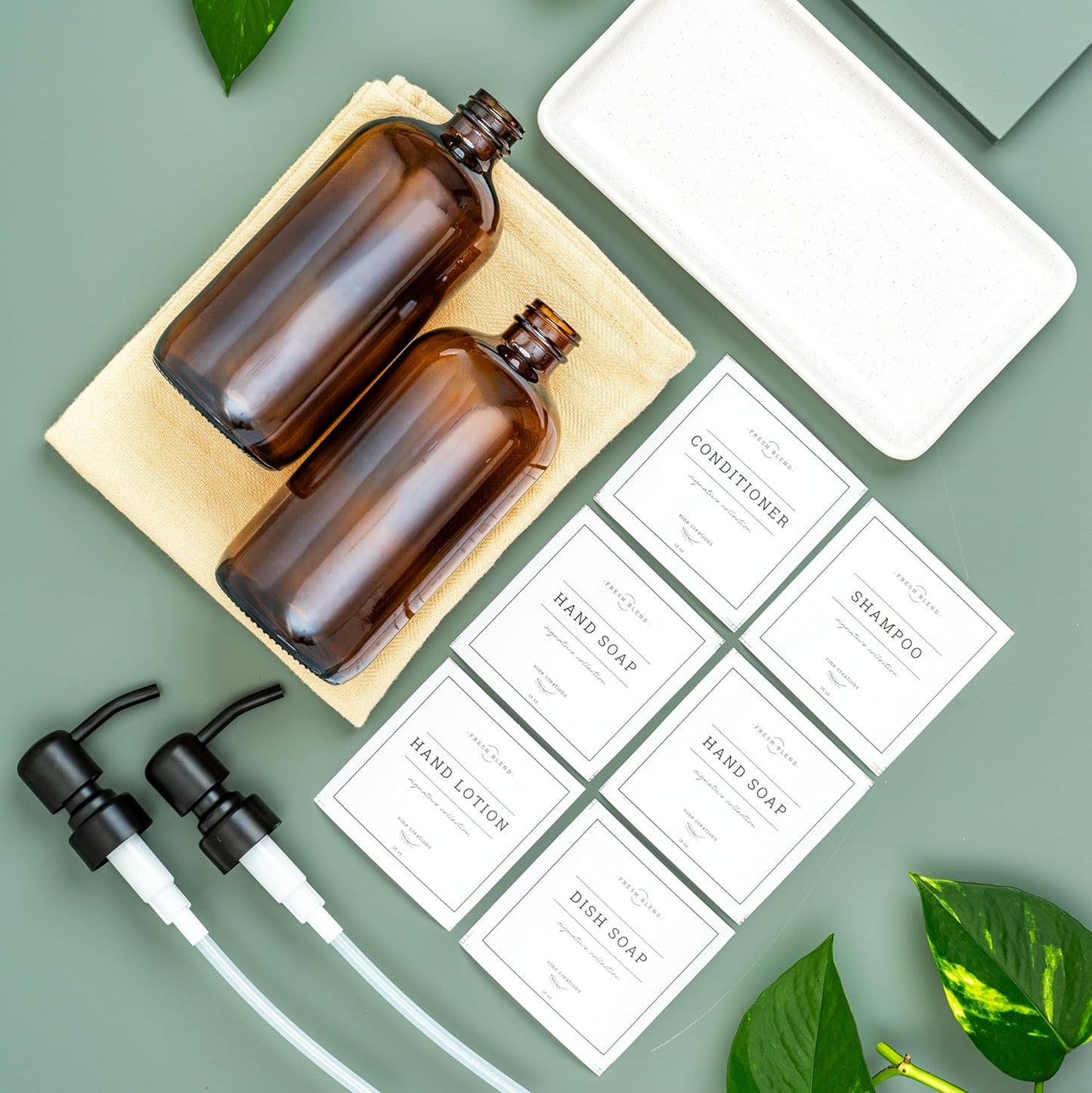 Vine Creations Amber Glass Soap Dispenser, 2 Pack Kitchen Soap Dispenser Set with Ceramic Tray, Stainless Steel Pump, Dish Soap and Hand Soap Dispensers for Bathroom Decor with Waterproof Labels