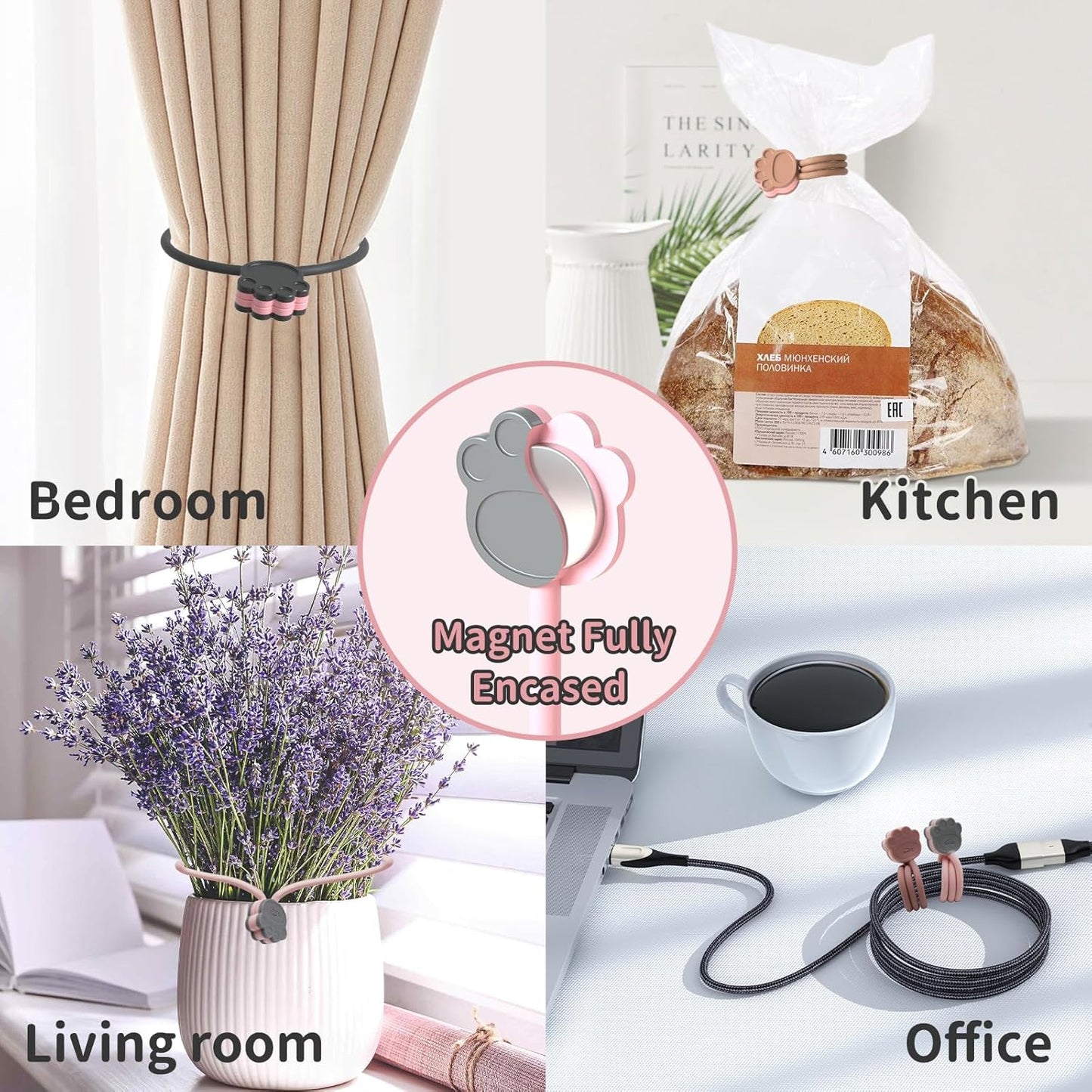 SOOOEC Magnetic Cable Ties, 32 Pack 7.2" Magnetic Cord Organizer Cute Cat's Paw Design, Silicone Twist Ties with Strong Magnet for Bundling and Cable Management, Fridge Magnets.