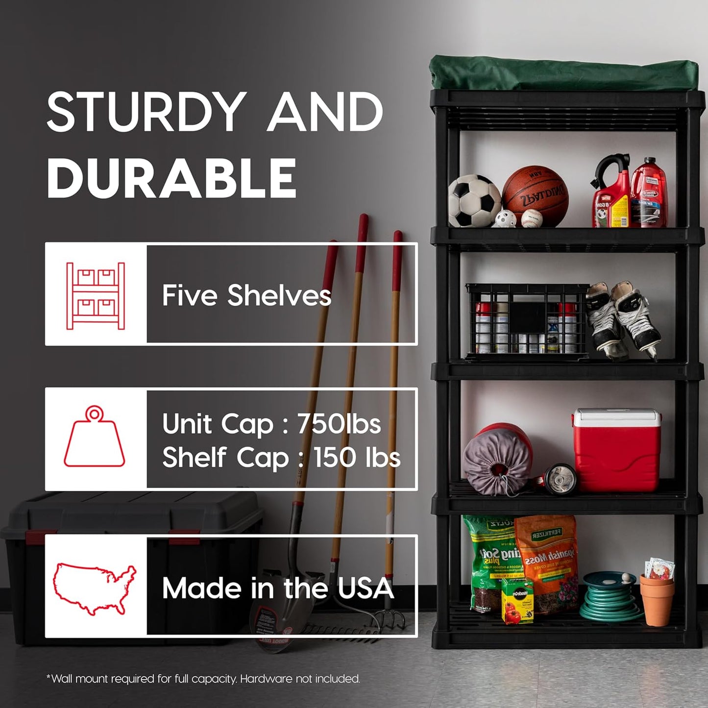 IRIS USA 5-Shelf Heavy Duty Plastic Storage Shelves, 750lb Capacity, 73"H x 36"W x 18"D, Large Modular Shelving Unit Storage Organizer for Garage, Home, Warehouse & Gym, Storage Rack - Black