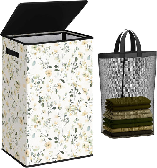SOLEDI Laundry Hamper with Lid, 90L Tall & Large Floral Laundry Basket, Collapsible Clothes Hamper with Removable Bag, Dirty Hampers for Bedroom, Bathroom, Laundry Room