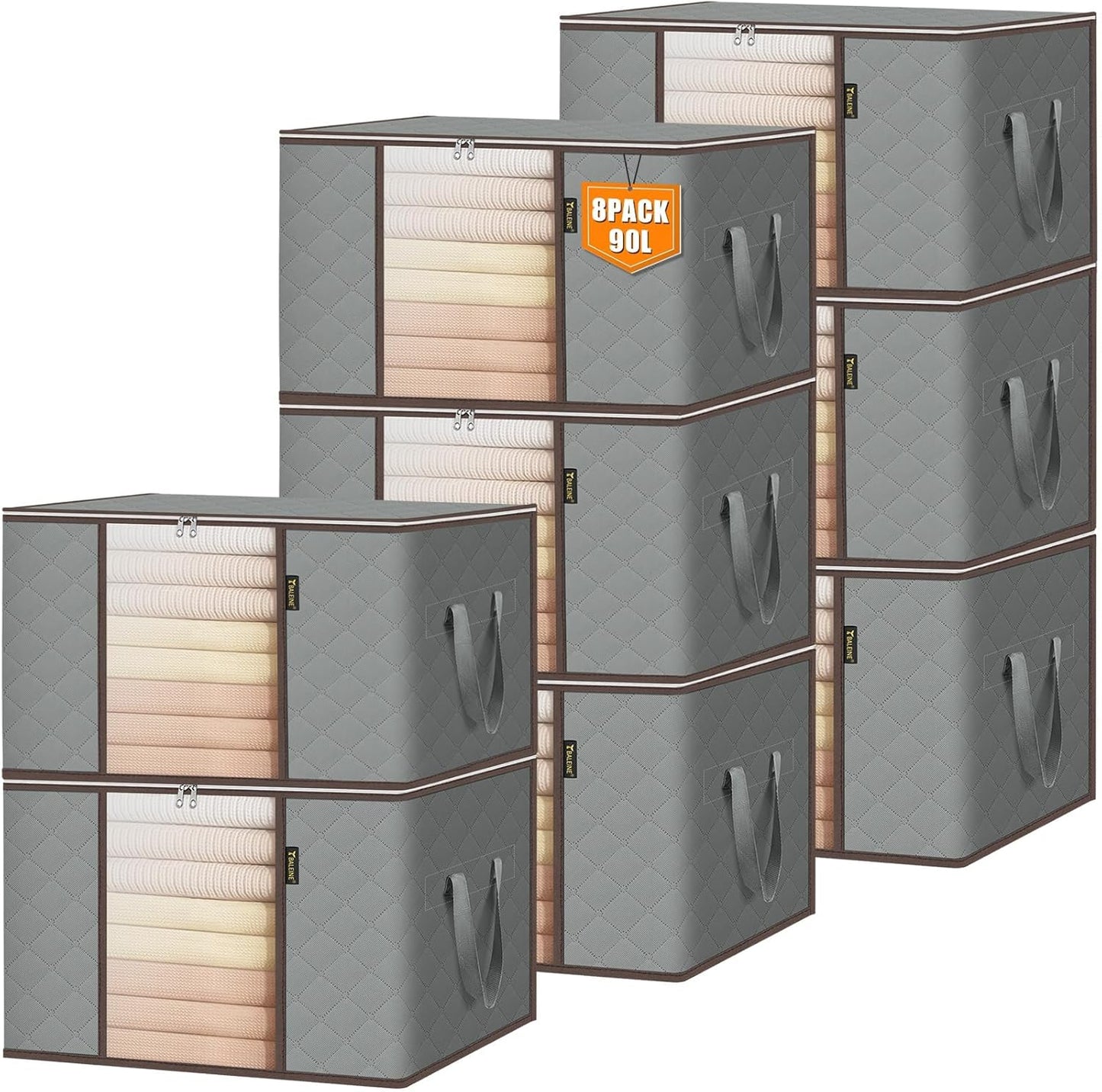 BALEINE 8 Pack Clothes Storage Bags, 24 Gallon Storage Containers with Reinforced Handle Sturdy Zipper, Closet Storage for Blanket Comforter Pillow Bedding (Grey, 8 Pack)