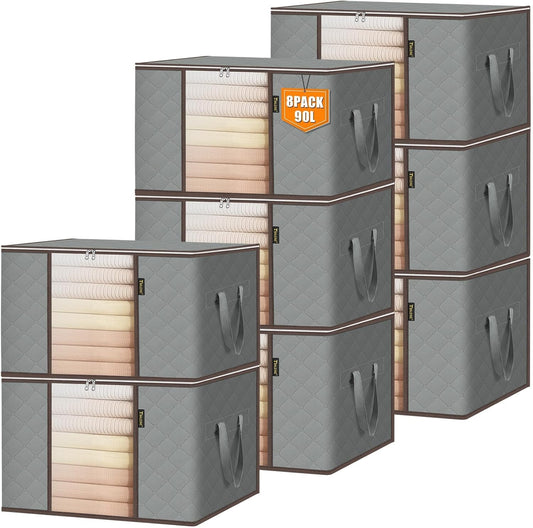 BALEINE 8 Pack Clothes Storage Bags, 24 Gallon Storage Containers with Reinforced Handle Sturdy Zipper, Closet Storage for Blanket Comforter Pillow Bedding (Grey, 8 Pack)