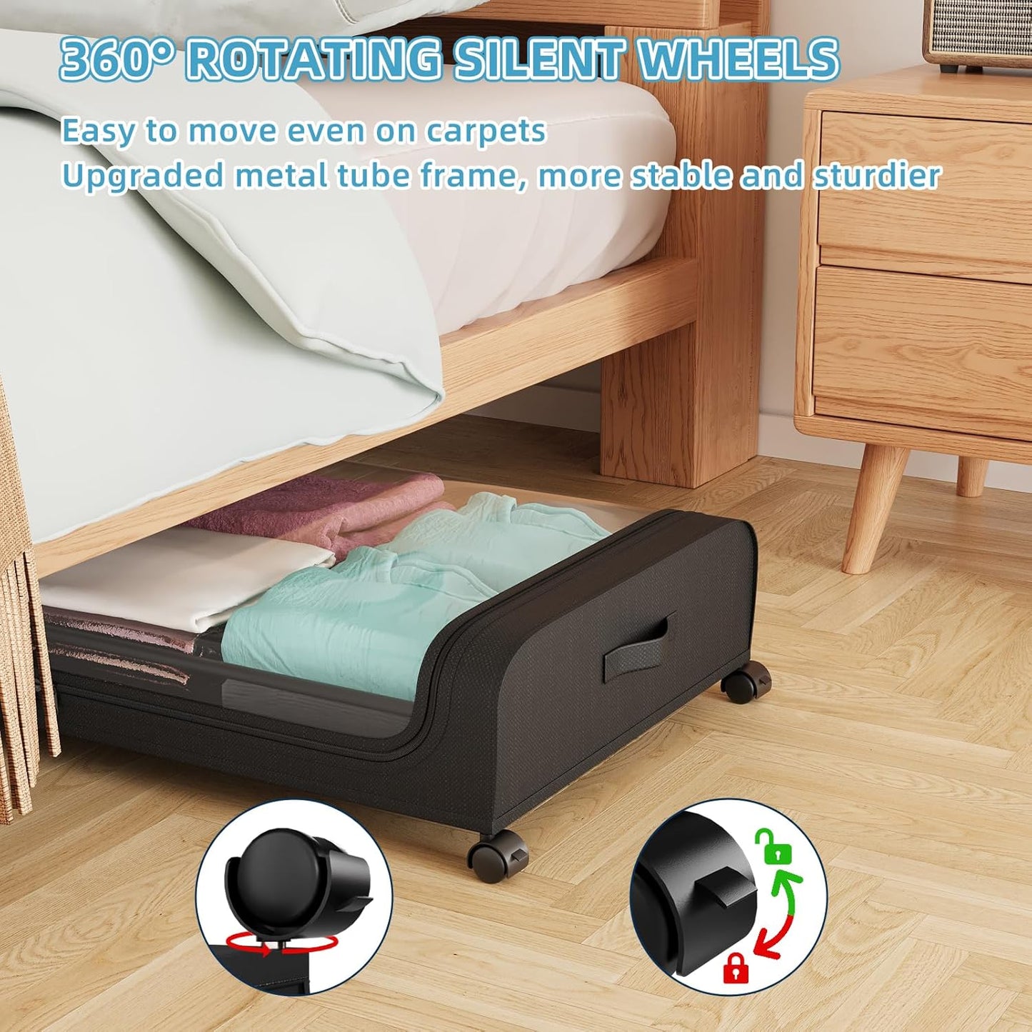 Under Bed Storage Containers, Under Bed Shoe Storage With Wheels, Bedroom Storage Organization with Handles, Under Bed Storage Bins Drawer For Clothes, Blankets And Shoes, Bedding