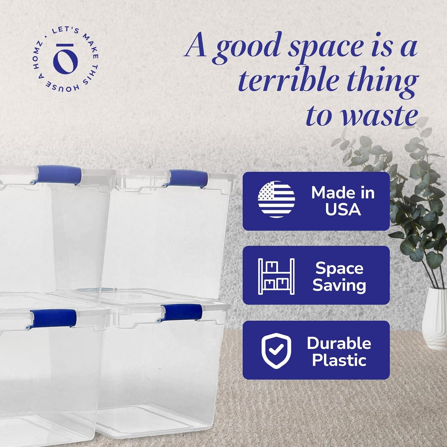 HOMZ 4-Pack Latching Lid, Large Clear Plastic Storage Bins with Lids, 31 Quart, Blue Latch - Stackable Container Boxes for Home, Bathroom, and Office Organization