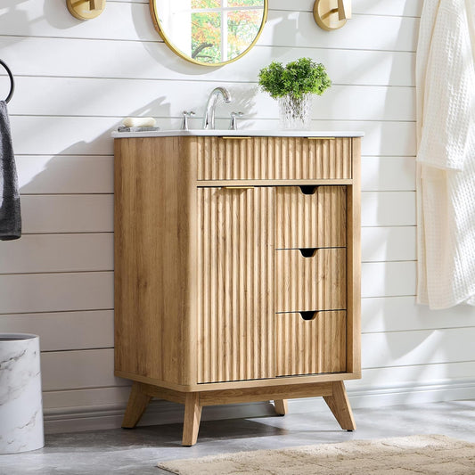 T4TREAM 24" Fluted Bathroom Vanity with Ceramic Sink Combo，Freestanding Small Modern Bathroom Storage Vanity Cabinet with Sliding Door & 3 Drawer，Wood Grain Texture，Metal Handle，Natural Oak