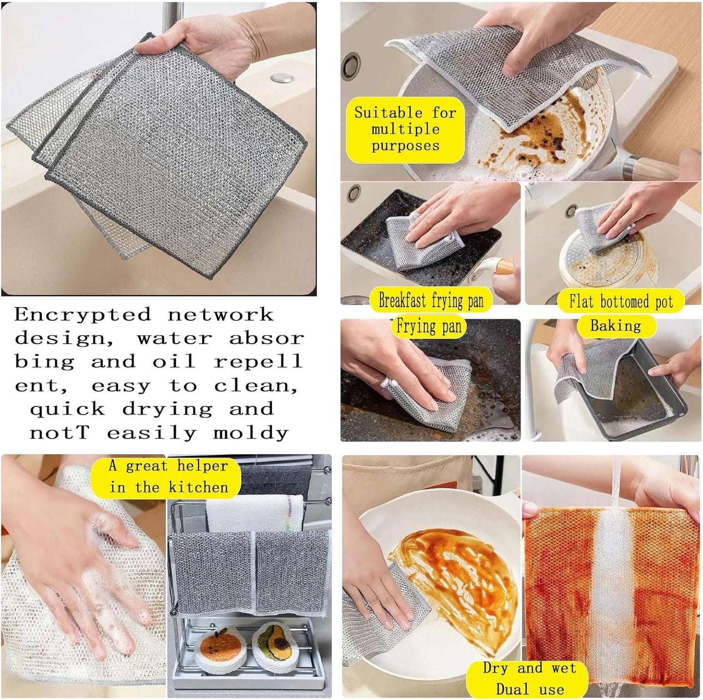 Double layer metal wire scratch free cloth, dry and wet dual-purpose metal wire dishwashing cloth, suitable for kitchen cleaning, cookware, tableware, sink, stove, etc., easy to rinse (10 pieces)