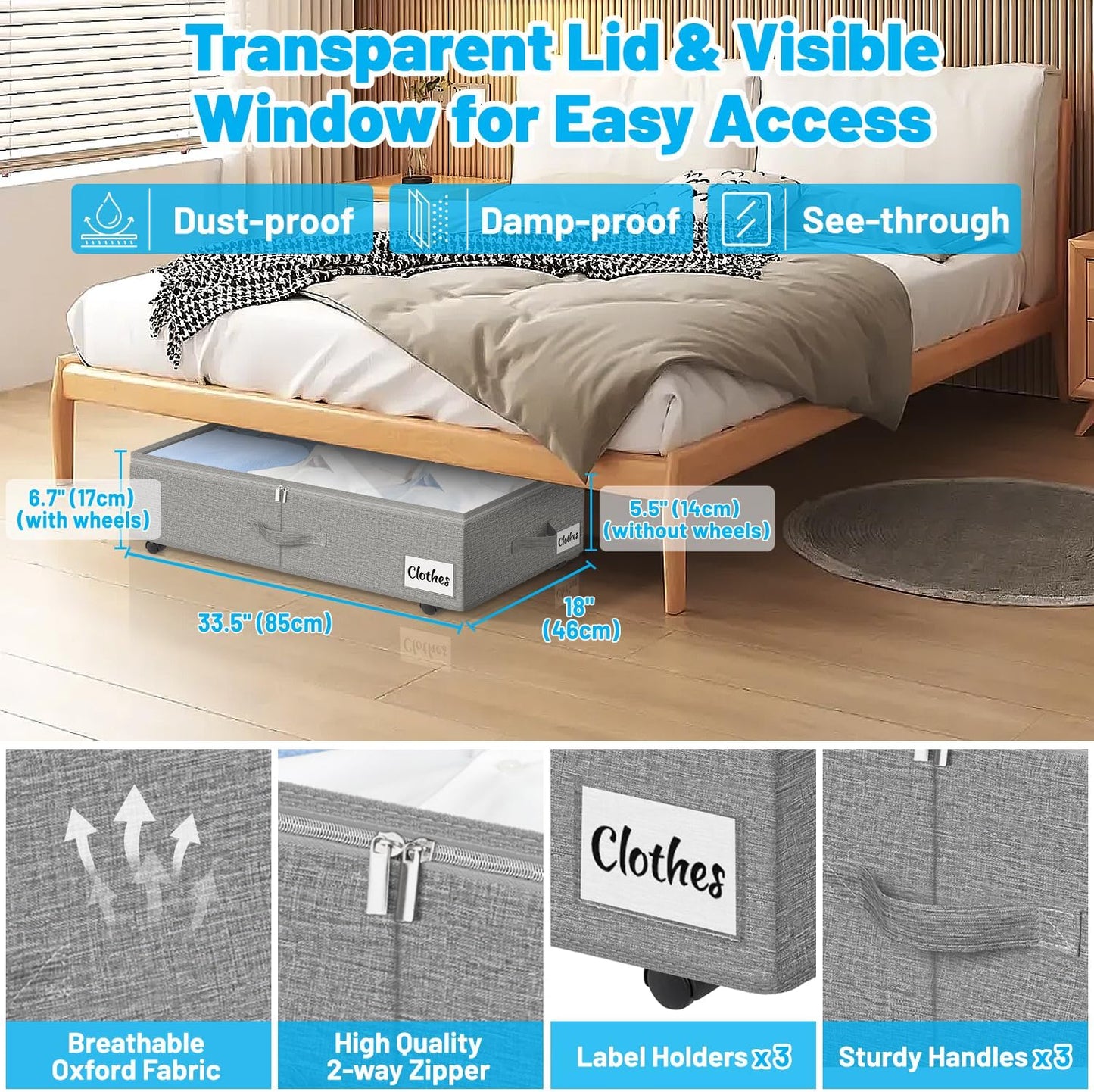 2 Pack Under Bed Storage with Wheels 6.7" Height, Rolling Storage Bins XL 50L, Underbed Shoe Storage Containers with Label & Clear Lid, Dorm Under bed Drawers for Clothes, Shoes, Quick Assembly, Grey