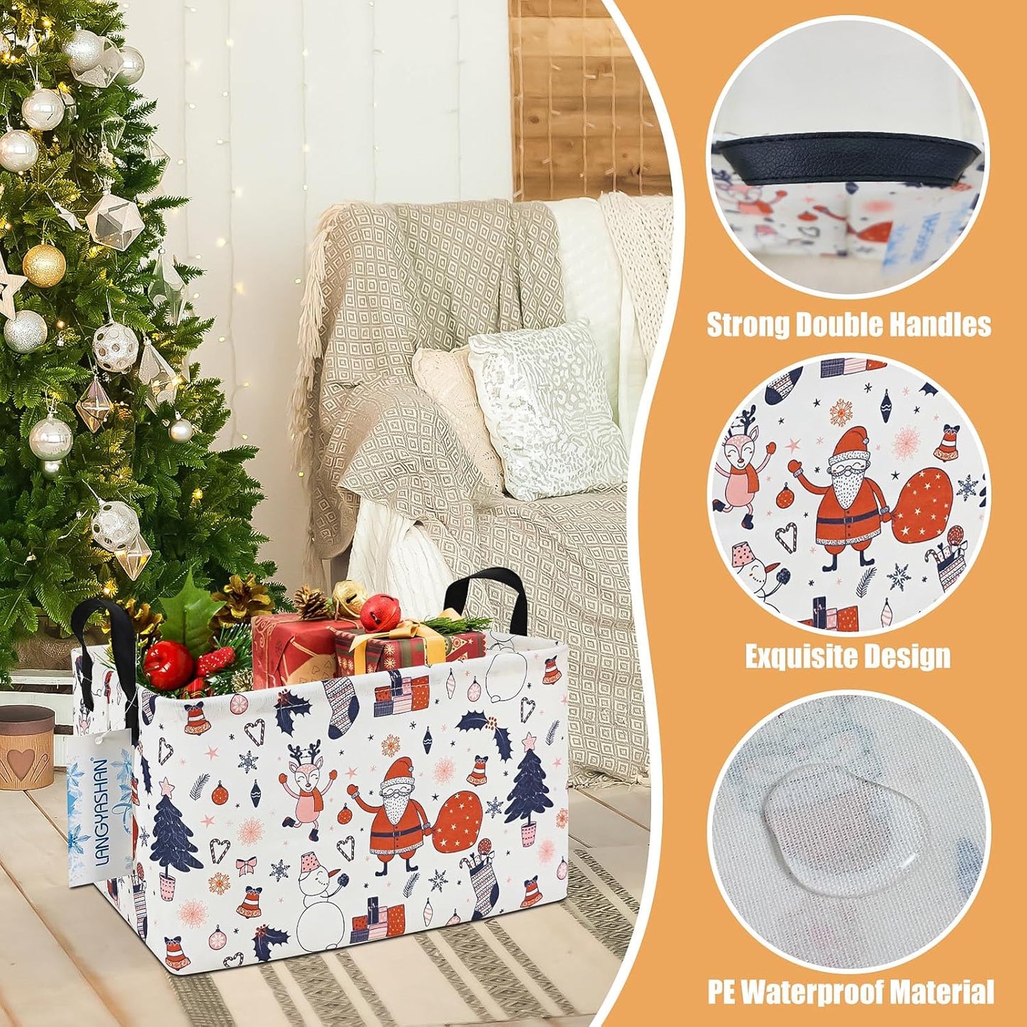 LANGYASHAN Rectangular Christmas Santa Claus Storage Basket with Handles for Organizing Home Kitchen Boys and Girls Toys Office Closet Shelf Baskets (Rec Santa Claus)