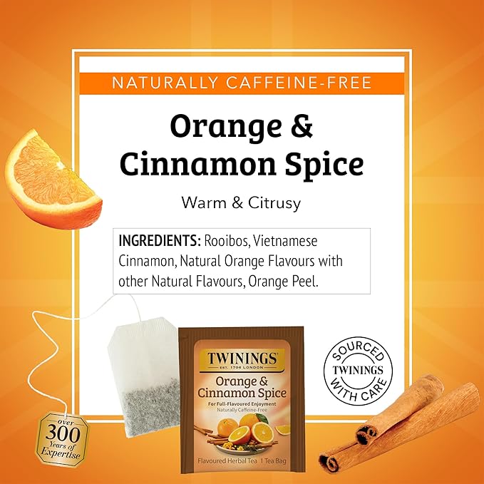 Twinings Orange & Cinnamon Spice Herbal Tea Individually Wrapped Bags, 20 Count (Pack of 2), Naturally Caffeine-Free, Enjoy Hot or Iced, 20 Teabags