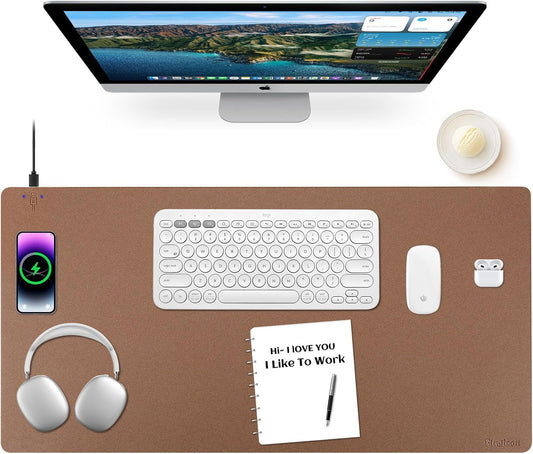 Wireless Charging Mouse Pad Firelison 2 in 1 Leather Multifunctional Office Desk Pad with Non-Slip Rubber Base, Waterproof Desk pad for Computers/Office/Work/Home/Decor（ 36" x 17"Buff - L）