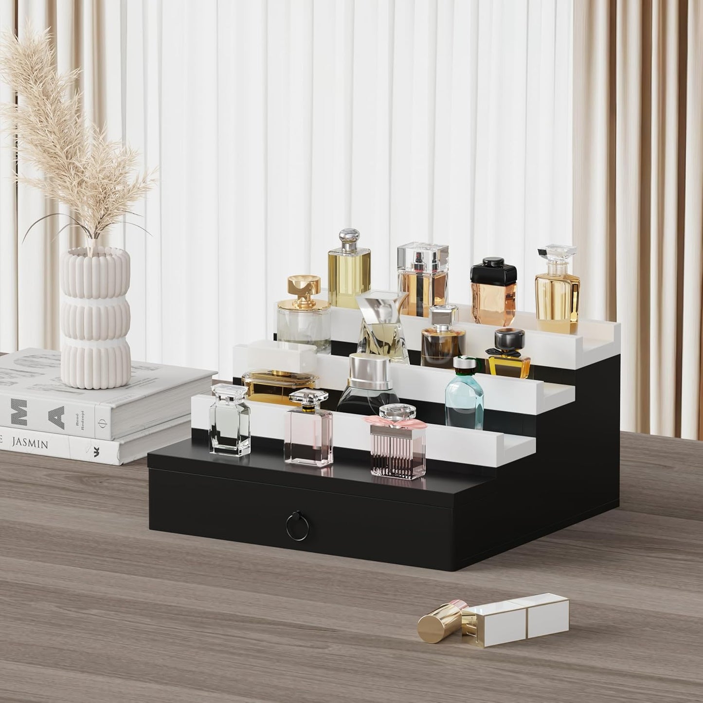 Blisse Cologne/Perfume Organizer, 4-Tier Storage Drawer with Hidden Compartments, Soft-Lined Display Case (Black with White)