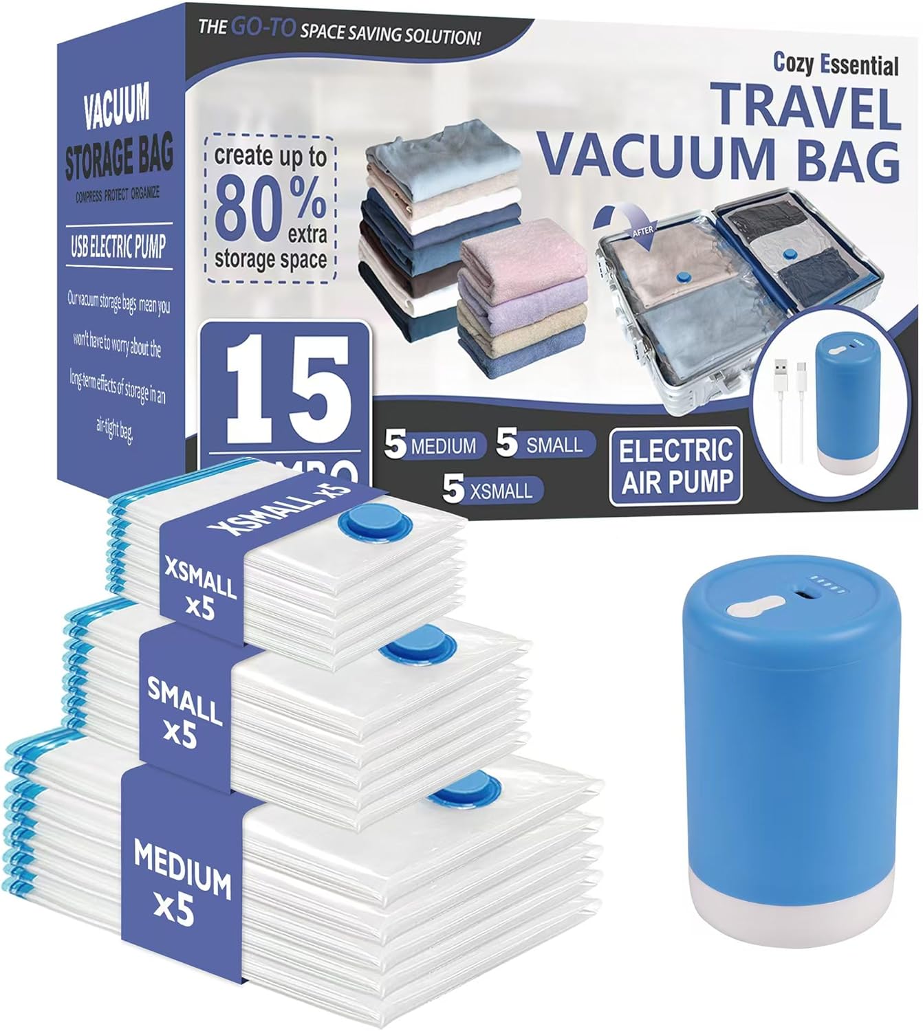 Cozy Essential 15 Pack Travel Vacuum Storage Bags with Portable Electric Pump, Suitase Vacuum Seal Space Saver Bags for Clothing and Luggage Compression