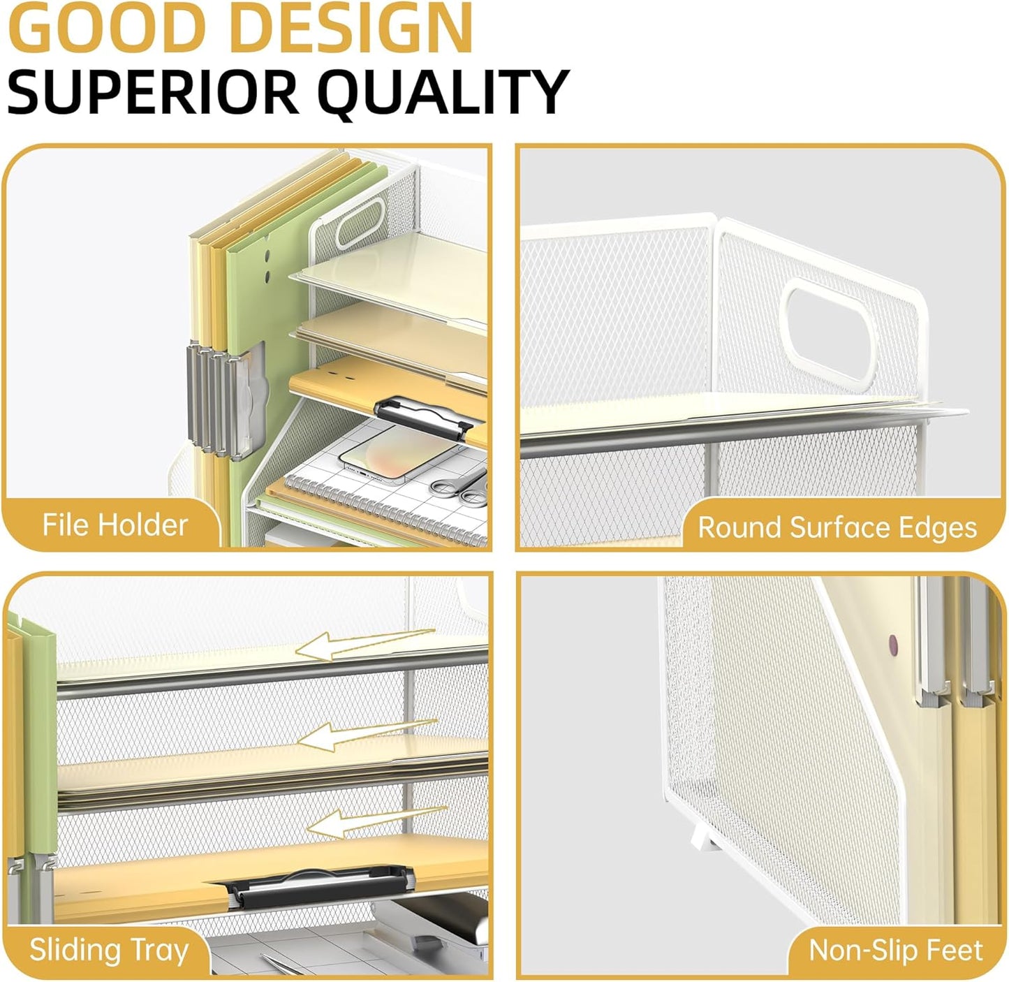 SUPEASY Desk Organizer with File Holder, 5-Tier Mesh Paper Letter Tray with Magazine Holder, Desktop Organizer and Storage for Desk Accessories Office Supplies, White