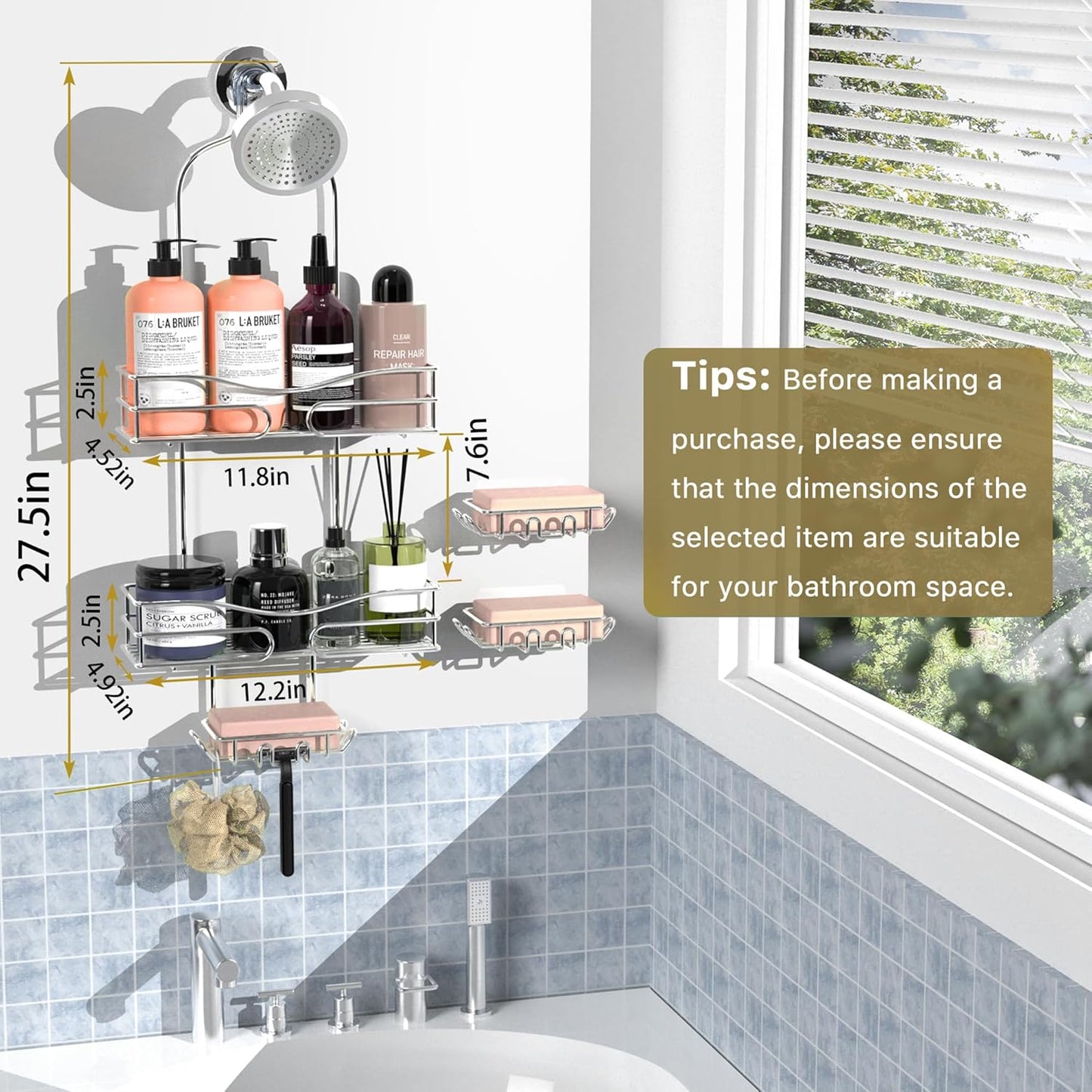 Over the Shower Head Caddy - 3 Tier Shower Caddy Hanging, Rustproof, Bathroom Rack Organizer With Hooks, Razor&Soap Holder, Brushed Nickel