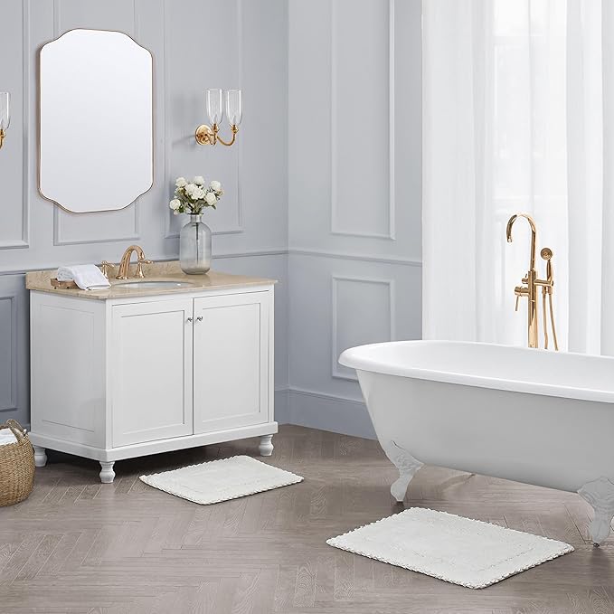 Laura Ashley Ruffle Border 100% Cotton Bath Rug Set, White, 17" x 24"/ 20" x 32"