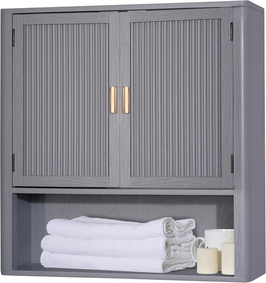 Bathroom Storage Cabinet – Pre-Assembled Wall-Mounted Medicine Cabinet with 2 Doors and Fixed Shelf, Over-The-Toilet Floating Organizer for Bathroom, Living Room, Kitchen, Laundry (Grey)