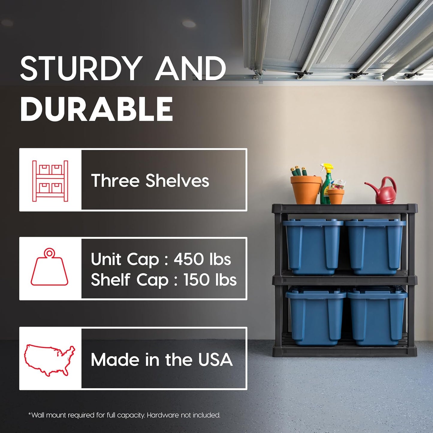 IRIS USA 3-Shelf Heavy Duty Plastic Storage Shelves, 450lb Capacity, 38"H x 36"W x 18"D, Large Modular Shelving Unit Storage Organizer for Garage, Home, Warehouse & Gym, Storage Rack - Black