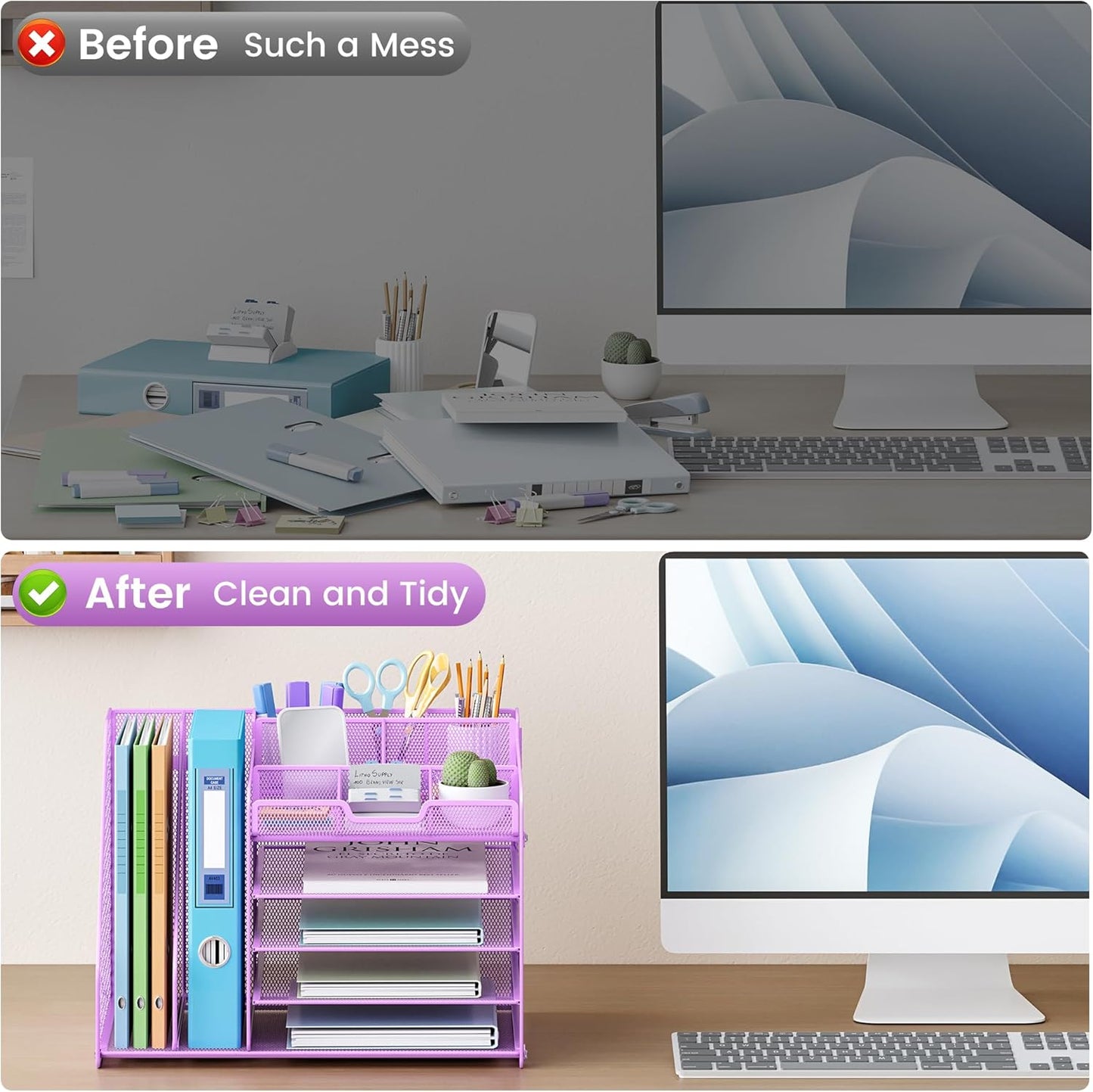 Lavatino 5-Tier Desk Organizer with 2 File Holders, Metal Adjustable Paper Letter Tray for Office or Home Desk Organizers and Accessories | 7 Flexible Dividers Keep Workspace Supplies Neat, Purple