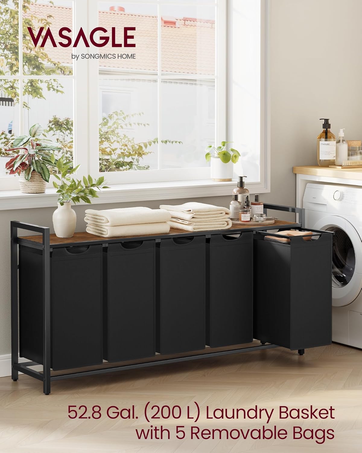VASAGLE Laundry Hamper, Laundry Basket, Laundry Sorter with 5 Pull-Out and Removable Bags, Shelf, Metal Frame, 5 x 10.6 Gallons (40 L), 56.5 x 13 x 28.4 Inches, Ink Black and Rustic Brown UBLH501B01