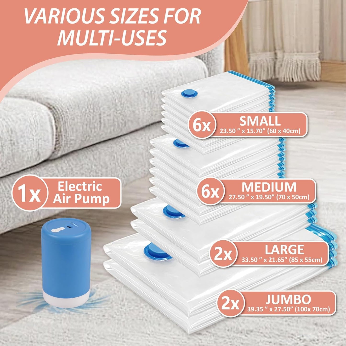 Cozy Essential 16 Pack Vacuum Storage Bags with Electric Pump, Vacuum Seal Space Saver Bags for Clothing, Pillows, Blanket, Bedding, Comforters