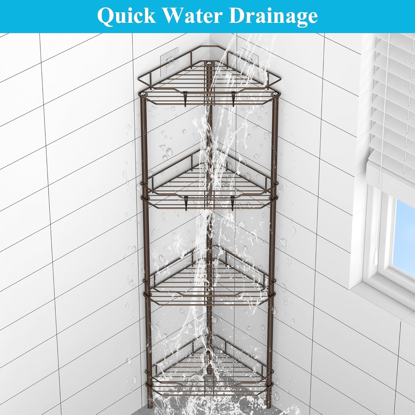 4 Tier Floor Standing Corner Shower Caddy Organizer Shelf with Hooks, Bathroom Shelves Stand Rack, Bronze