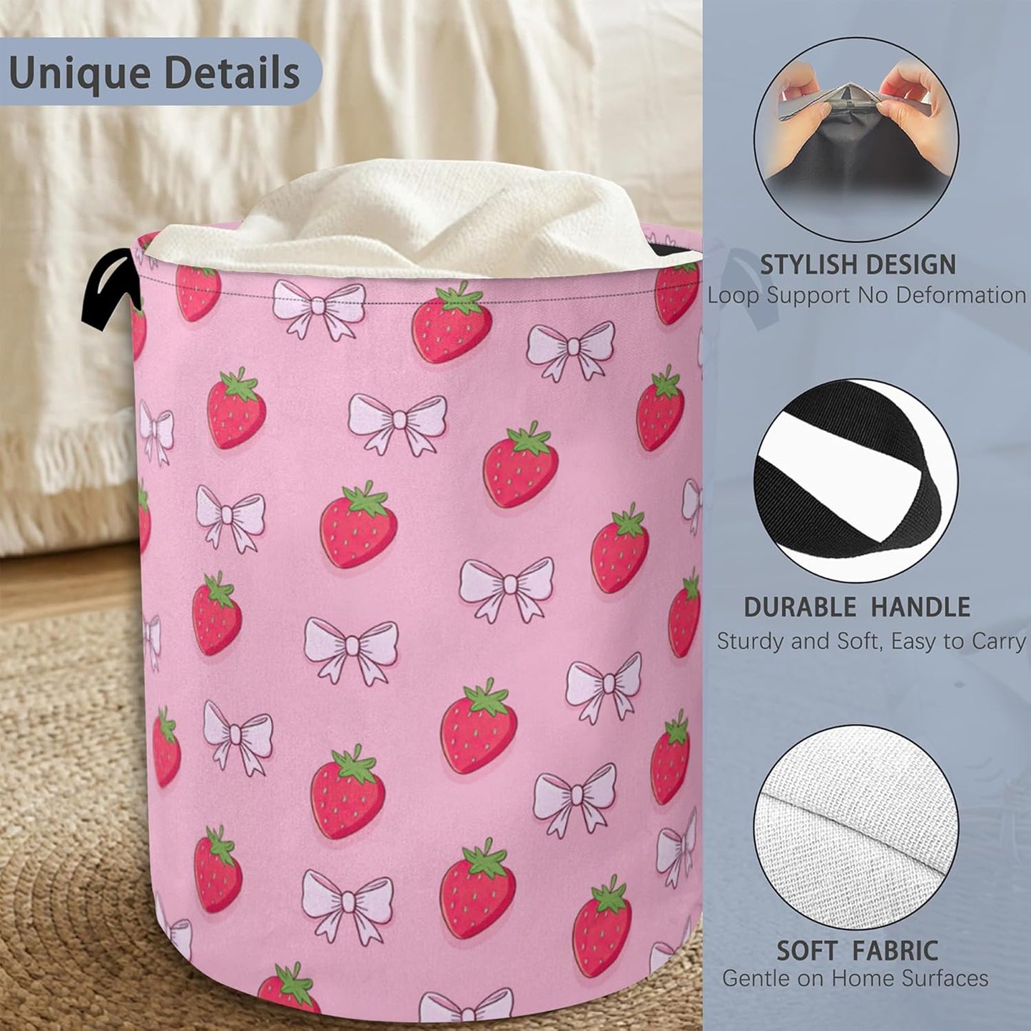 Cute Strawberry Laundry Basket,Bow Foldable with Handles Tote Bag Oxford Cloth for Bathroom Bedroom Dirty Clothes Storage Bucket 16" x 20.8"