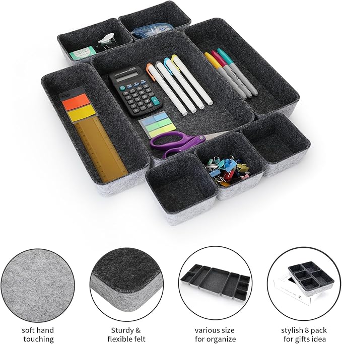 Welaxy desk drawer organizer tray shallow felt storage bin for office suppliers makeup pen keys craft brush decluttering 8-piece sleek minimalist lifestyle gift for men (Charcoal)