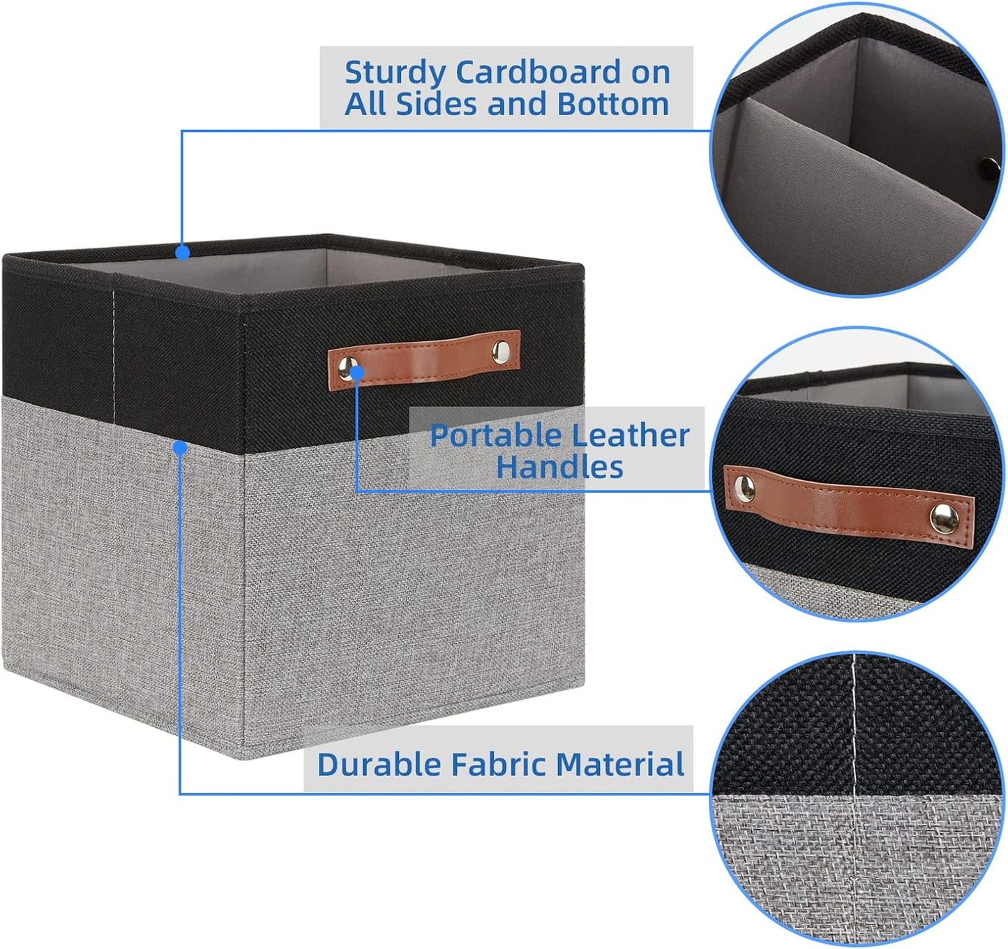 Temary 11 x 11 Cube Storage Bins Fabric Storage Cubes for Shelf, Closet, 4 Pack Cube Basket for Clothes, Storage Cube Bins with Leather Handles(Black&Grey)