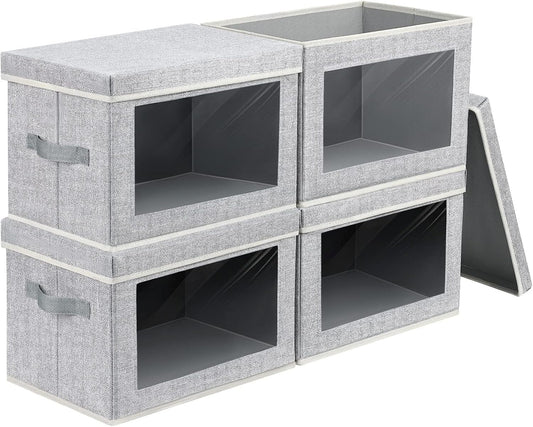 Fabric Storage Bins with Lids, Large Storage Cubes with Window, Fabric Storage Baskets Bins for shelves, Closet Storage Boxes for Clothes, Towel, Office, 4 Packs, Blended