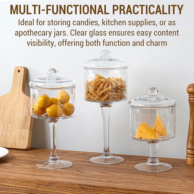 MyGift 3-Piece Clear Glass Apothecary Candy Jar Set with Lids – Decorative Party Display Containers for Wedding Centerpieces, Dessert Tables, Kitchen Counter Storage, and Bathroom Décor