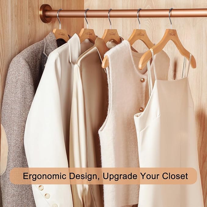 TOPIA HANGER Wooden Coat Hangers 12 Pack, Premium Wood Top Suit Hangers with No Shoulder Bump, 360° Swivel Hook and Cut Notches Clothes Hangers for Sweater, Coat, Shirts, Jackets, Dress, Natural CT84N