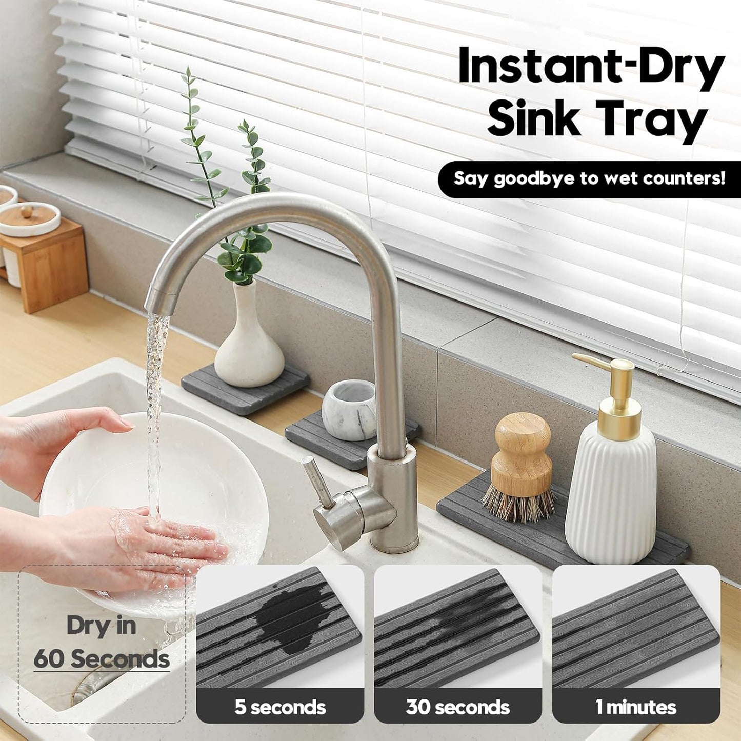 3 Pack Diatomite Stone Sink Tray, Water Absorbing Mat for Kitchen & Bathroom Counter, Quick Dry Soap Dish Makeup Vanity Caddy,Sponge Holder Organizer, Dark Gray 1pc of 8"x 3.8" and 2pcs of 3.8"x 3.8"