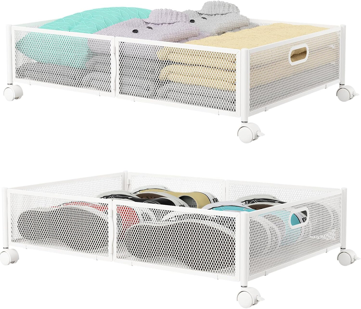 PHINOX Under Bed Storage with wheels, Under the Bed Storage Containers,Upgrade Crossed Iron Wire, Metal Rolling Underbed Storage Containers for Bedroom Clothes Shoes Blankets-2 Pack,White