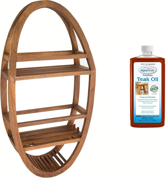 AquaTeak Patented Moa Oval Teak Shower Organizer Premium Teak Oil