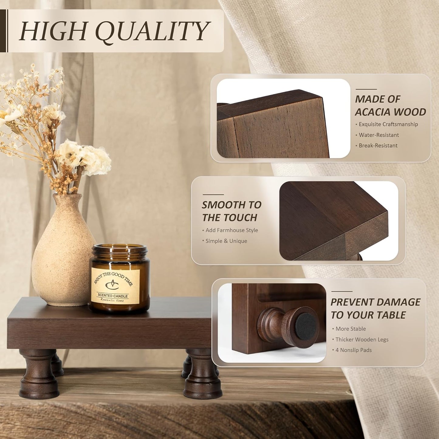 EOSAHR Decorative Display Risers for Farmhouse Decor - Acacia Wood Risers Display Stands for Bathroom Counter Organizer & Kitchen Sink Organizer (Brown Acacia Wood)