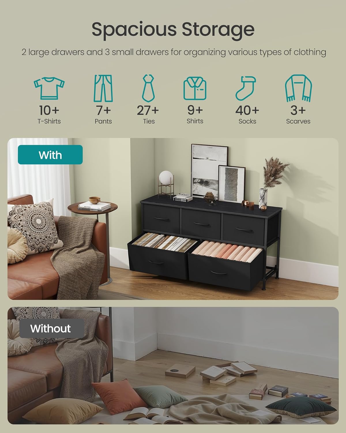 SONGMICS Dresser for Bedroom, Chest of Drawers, TV Stand, Steel, MDF, 5 Non-Woven Fabric Drawers, Storage Organizer Unit, Closet, Entryway, Ink Black and Ebony Black ULGS322B01S