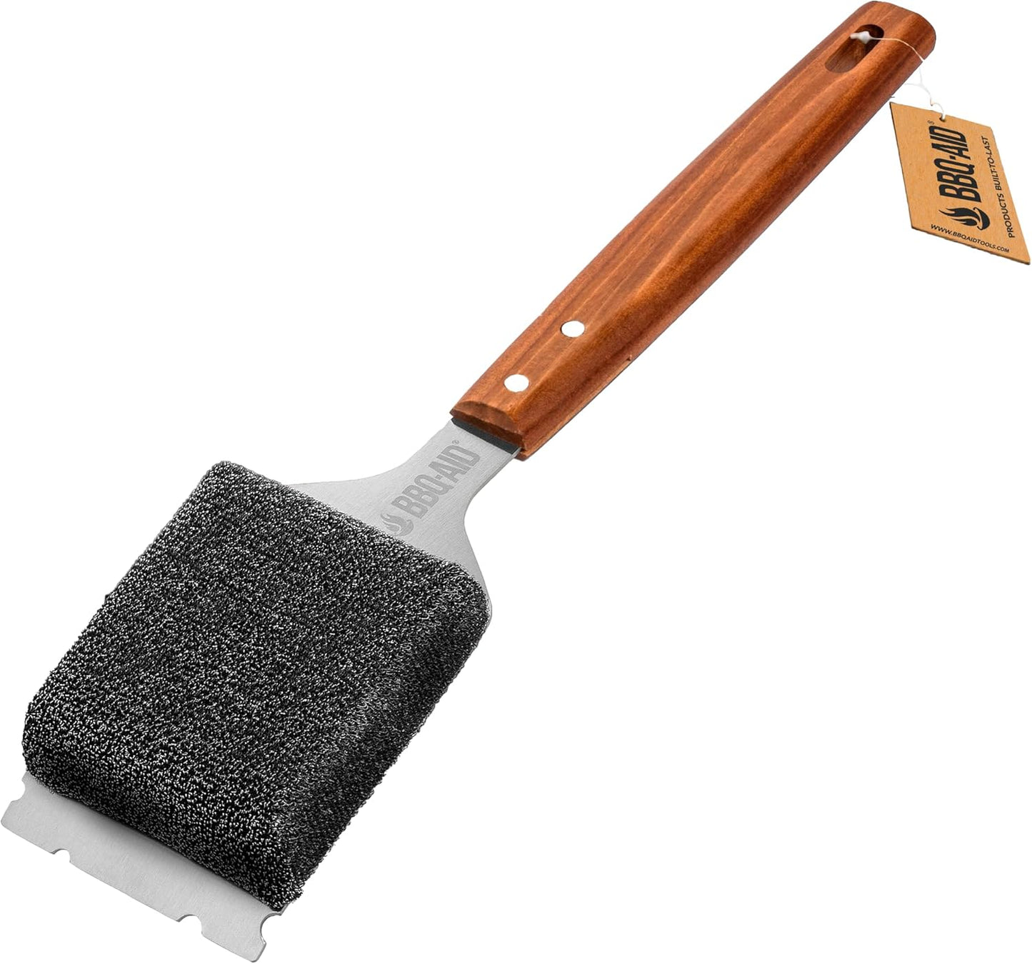 BBQ-AID Bristle Free Grill Brush and Scraper for Barbecue - Extended Large Wooden Handle with Replaceable Head - No Scratch BBQ Cleaning Accessories for Outdoor Grills