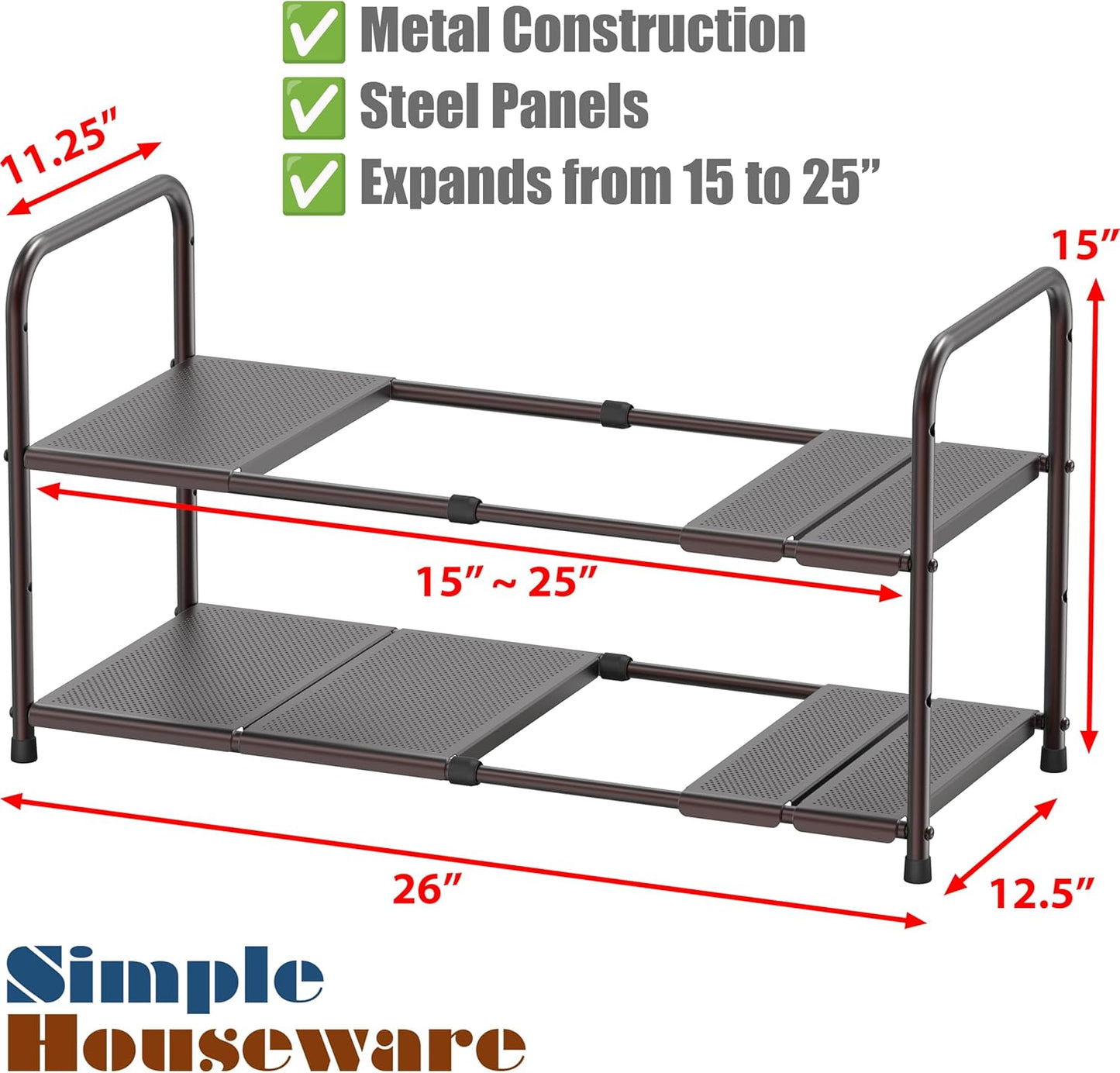 Simple Houseware Under Sink 2 Tier Expandable Heavy Duty Metal Shelf Organizer Rack, Bronze (Expand from 15 to 25 inches)