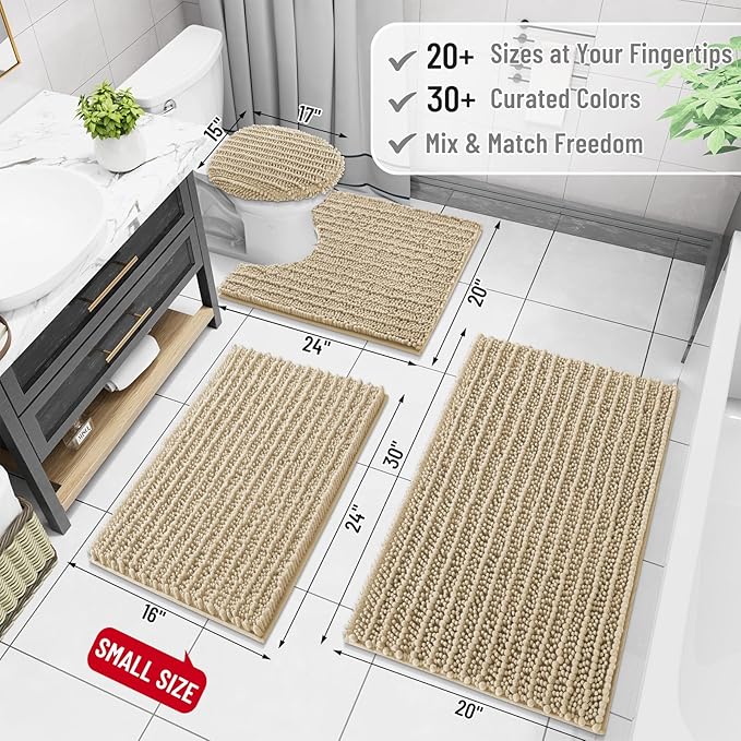 Arotive Luxury Chenille Bathroom Rug Mat, Extra Soft Thick Absorbent Shaggy Bath Rugs, Non-Slip Machine Wash Dry, Plush Bath Mats for Bathroom, Shower and Tub, 30x20, Beige