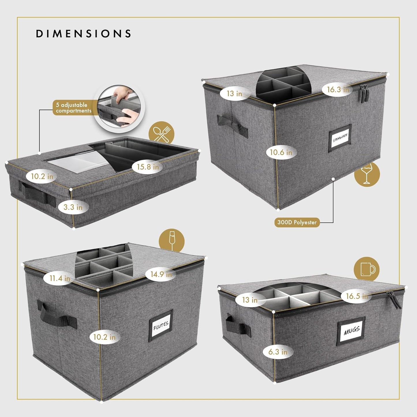 HOMELUX THEORY Champagne Flute Storage Box, Light Gray Hard Shell China Storage Containers, Kitchen Storage Bins With Lids, Heavy Duty Moving Box for Glasses & Stemware, Glassware & Wine Glass