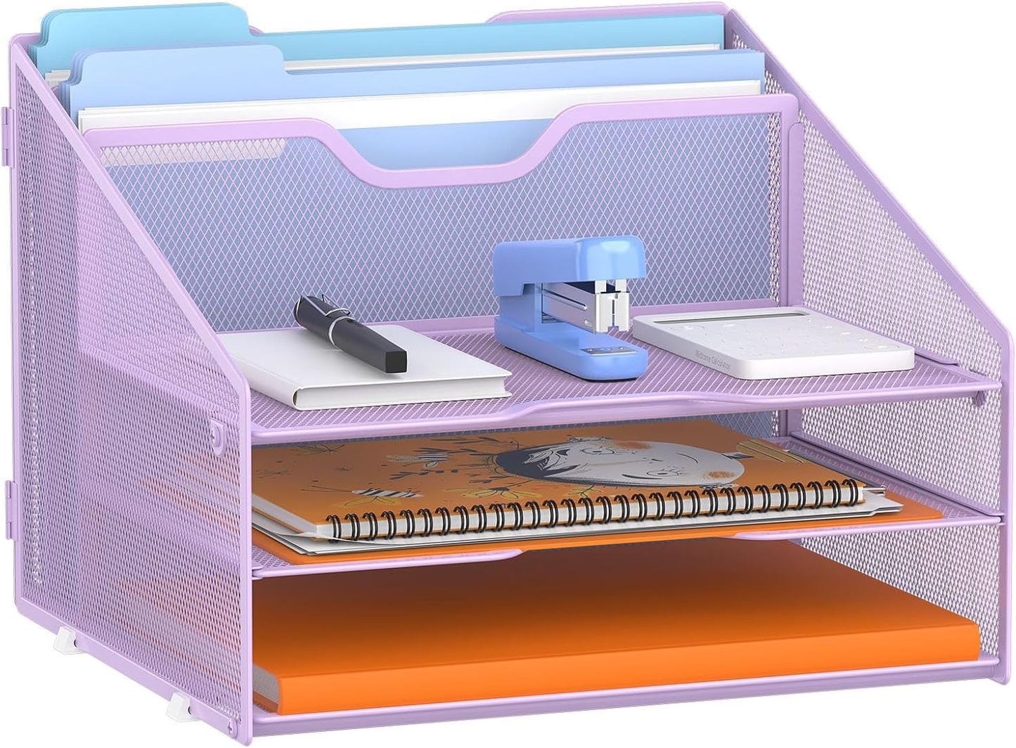 Letter Tray Organizer, Mesh Desk File Organizer with 3 Paper Trays and 2 Vertical Upright Section (Purple)