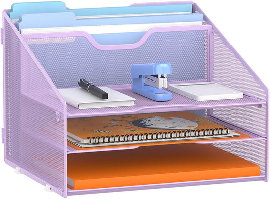 Letter Tray Organizer, Mesh Desk File Organizer with 3 Paper Trays and 2 Vertical Upright Section (Purple)