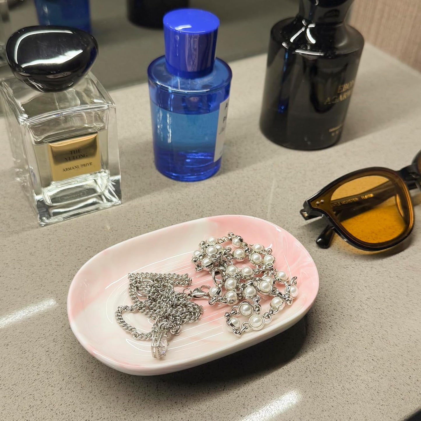 Soap Dish, Ceramic Soap Dish with Marble PatternShower, Soap Saver Tray for Bathroom, Kitchen Sink & Vanity, Multi-Use Holder for Jewelry, Rings, Keys (1 Pack, Pink-White)