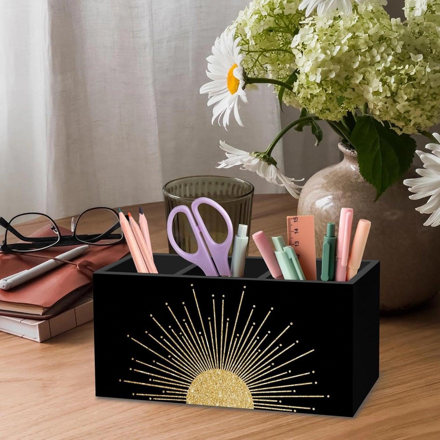 DILSJ Boho Abstract Golden Sunshine Pen Pencil Holder Organizer for Desk, Boho Office Decor, Mid Century Modern Minimalist Abstract Sunshine Wooden Box Signs for Home Office Desk Tabletop Decoration