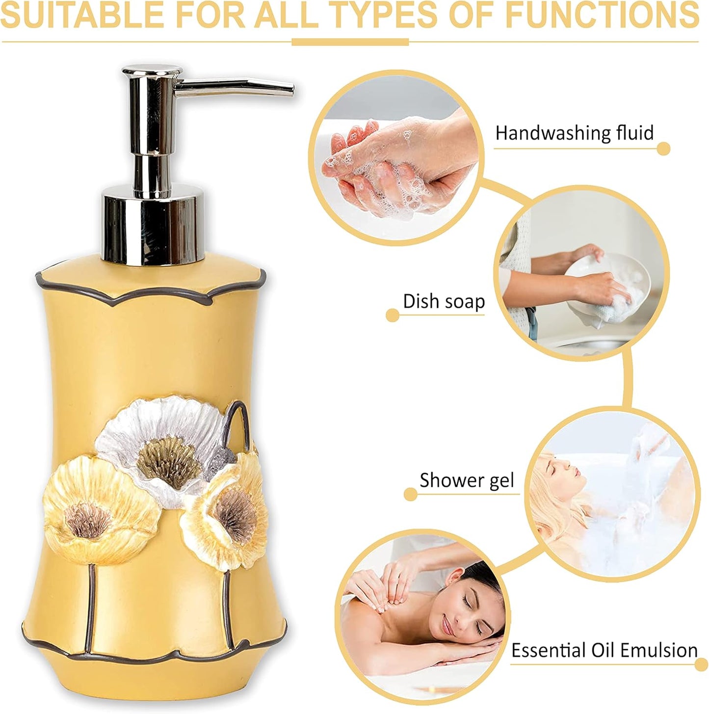 Zahari Home 4pc Poppy Fields Yellow Bathroom Accessories Set Hand Soap Dispenser, Tumbler, Tooth Brush Holder and Soap Dish Modern Contemporary Decor Complete Bathroom Sets with Shower Curtains