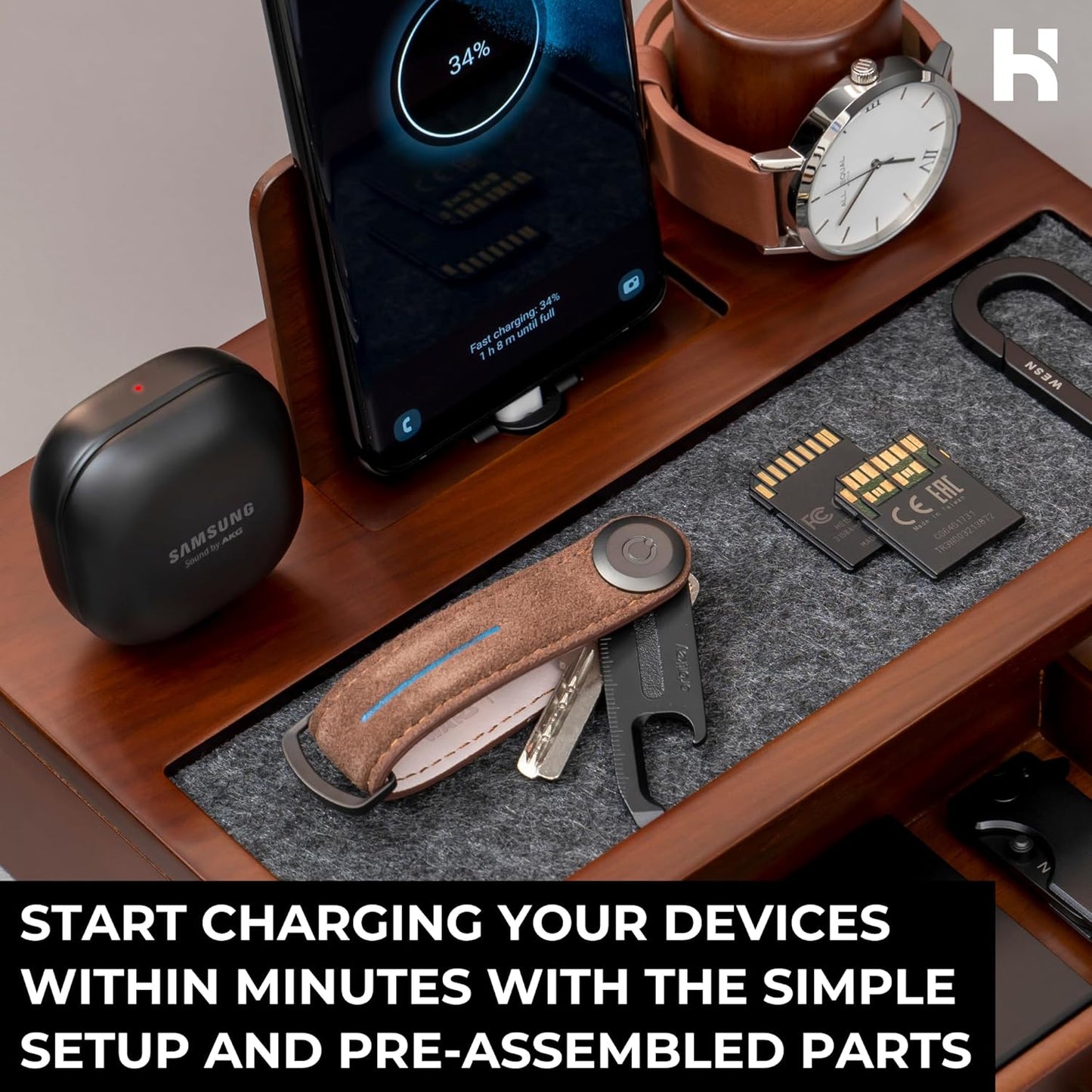 Holme & Hadfield Premium Wooden Phone Docking Station with Drawer – Nightstand Organizer for Charging Phone & Earbuds – Declutter Your Space with Felt-Lined Protection & Watch Pillar - Gift For Men