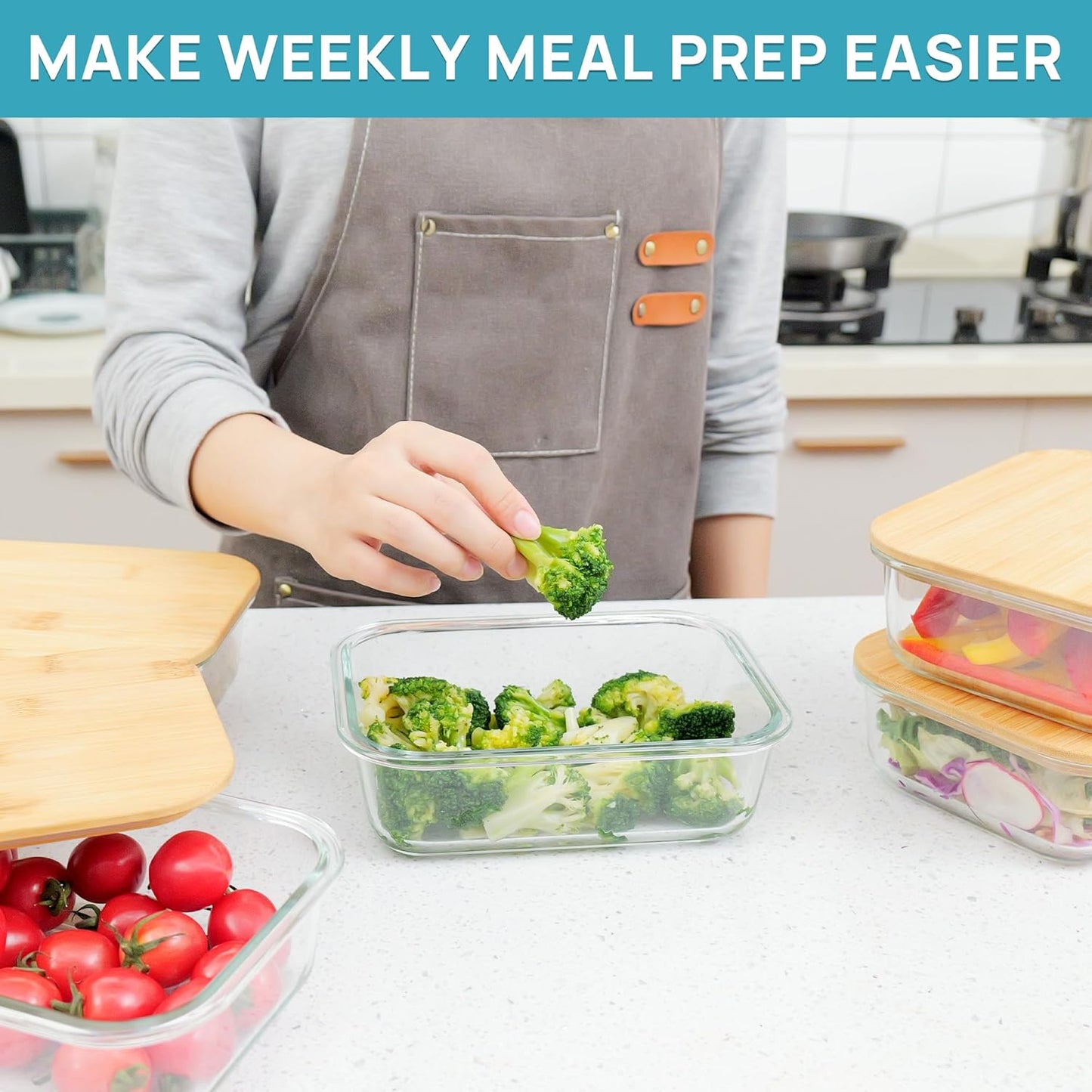 Vtopmart 5 Pack 35oz Glass Containers with Bamboo Lids, Meal Prep Food Storage Containers, BPA Free, Microwave & Dishwasher Safe