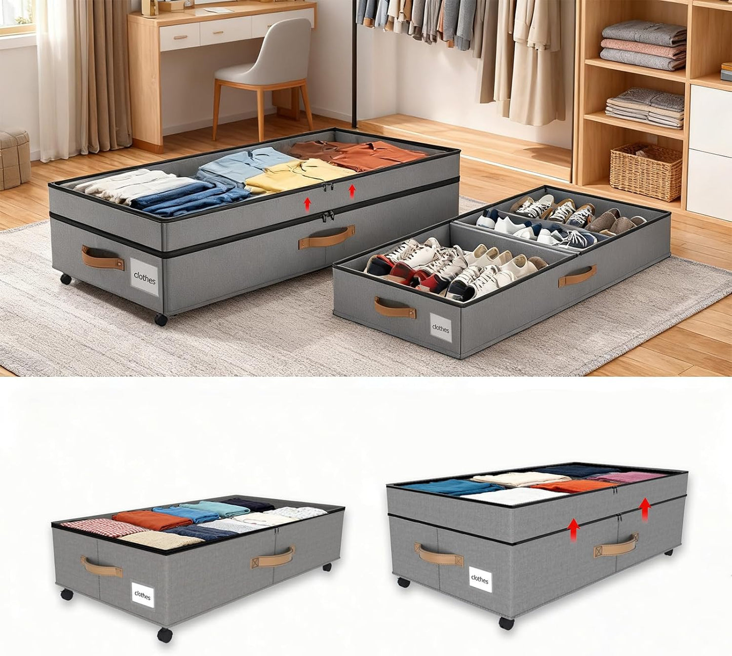 2 Pack Under Bed Storage with Wheels 65L XXL Large Under Bed Storage Containers Box with Lids 10inchs Underbed Storage with Wheels Rolling Under the Bed Storage Bins for Shoes,Clothes,Blankets,Toys
